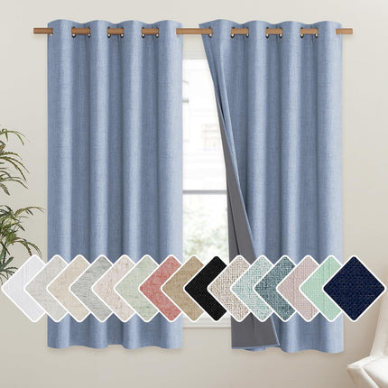 Stone Blue Vintage Linen 100% Blackout Curtains for Living Room,Thermal Insulated Curtains 63" Long,Noise Reducing Window Treatment Drapes for Hall Room,52" Wide Per Panel,Set of 2.