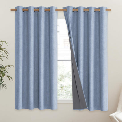 Stone Blue Vintage Linen 100% Blackout Curtains for Living Room,Thermal Insulated Curtains 63" Long,Noise Reducing Window Treatment Drapes for Hall Room,52" Wide Per Panel,Set of 2.
