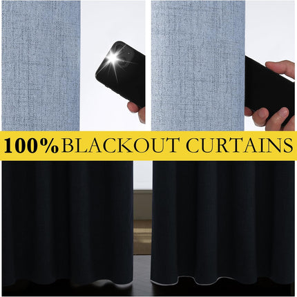 Stone Blue Vintage Linen 100% Blackout Curtains for Living Room,Thermal Insulated Curtains 63" Long,Noise Reducing Window Treatment Drapes for Hall Room,52" Wide Per Panel,Set of 2.