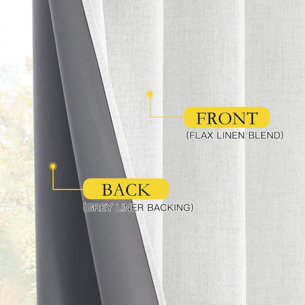 100% Absolutely Blackout Linen Curtains with Thermal Insulated White Liner,Greyish White,52" Wide,84" Length Energy Saving Curtains for Living Room 2 Panels Set,Vertical Blinds.