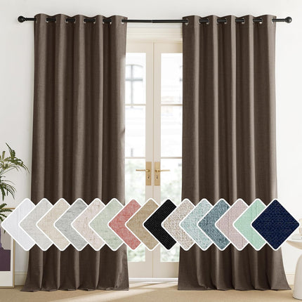 Coffee Vintage Linen 100% Blackout Curtains for Living Room, Thermal Insulated Curtains 95“ Long, Noise Reducing Window Treatment Drapes for Home Office, 62" Wide Per Panel, Set of 2.