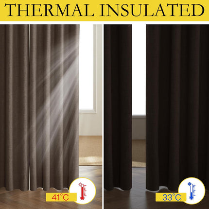 Coffee Vintage Linen 100% Blackout Curtains for Living Room, Thermal Insulated Curtains 95“ Long, Noise Reducing Window Treatment Drapes for Home Office, 62" Wide Per Panel, Set of 2.