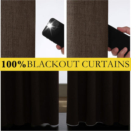 Coffee Vintage Linen 100% Blackout Curtains for Living Room, Thermal Insulated Curtains 95“ Long, Noise Reducing Window Treatment Drapes for Home Office, 62" Wide Per Panel, Set of 2.