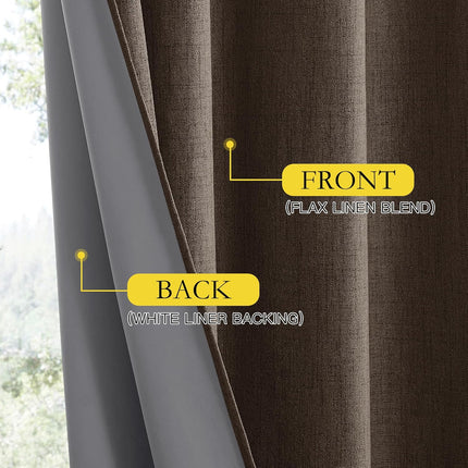 Coffee Vintage Linen 100% Blackout Curtains for Living Room, Thermal Insulated Curtains 95“ Long, Noise Reducing Window Treatment Drapes for Home Office, 62" Wide Per Panel, Set of 2.