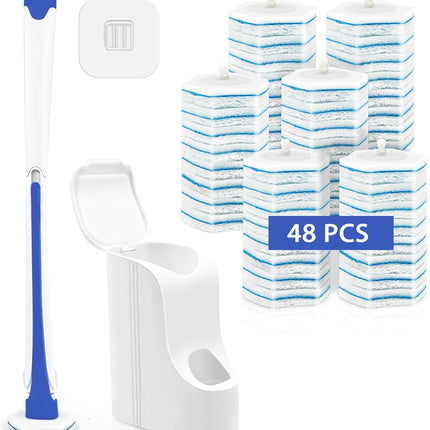 Disposable Toilet Brush with 48PCS Wand Cleaner Refills, Wall Mounted Toilet Bowl Brush Holder Set, Bathroom Cleaning System for Sink Bathtub Wash Basin (Blue).