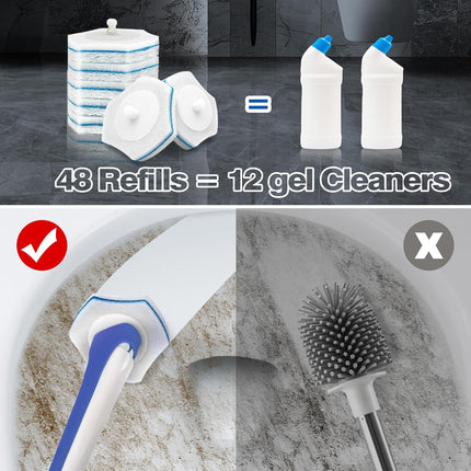 Disposable Toilet Brush with 48PCS Wand Cleaner Refills, Wall Mounted Toilet Bowl Brush Holder Set, Bathroom Cleaning System for Sink Bathtub Wash Basin (Blue).
