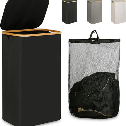 Laundry Hamper with Lid - Waterproof Freestanding Laundry Basket with Removable Liner Bag, Collapsible 110L Large Clothes Storage Laundry Bin with Easy Carry Bamboo Handle for Clothes Toys Organizer.