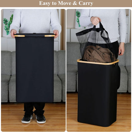 Laundry Hamper with Lid - Waterproof Freestanding Laundry Basket with Removable Liner Bag, Collapsible 110L Large Clothes Storage Laundry Bin with Easy Carry Bamboo Handle for Clothes Toys Organizer.