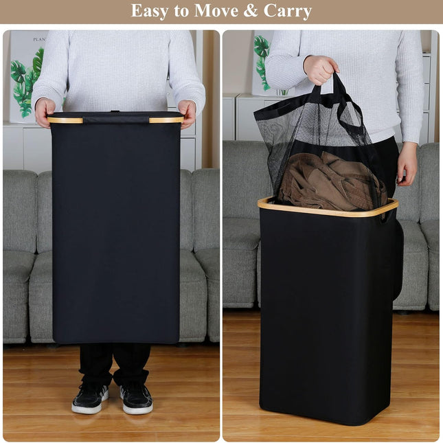 Laundry Hamper with Lid - Waterproof Freestanding Laundry Basket with Removable Liner Bag, Collapsible 110L Large Clothes Storage Laundry Bin with Easy Carry Bamboo Handle for Clothes Toys Organizer.
