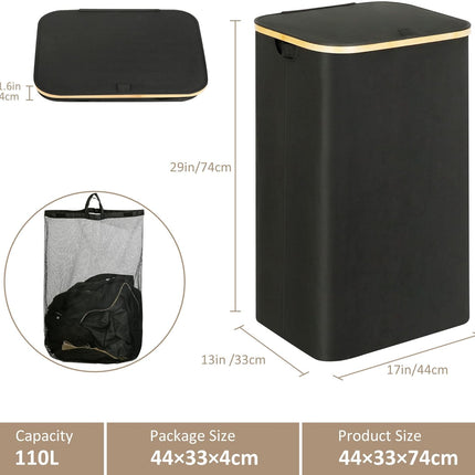 Laundry Hamper with Lid - Waterproof Freestanding Laundry Basket with Removable Liner Bag, Collapsible 110L Large Clothes Storage Laundry Bin with Easy Carry Bamboo Handle for Clothes Toys Organizer.
