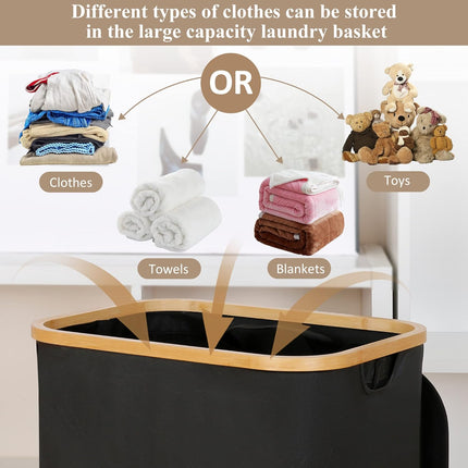 Laundry Hamper with Lid - Waterproof Freestanding Laundry Basket with Removable Liner Bag, Collapsible 110L Large Clothes Storage Laundry Bin with Easy Carry Bamboo Handle for Clothes Toys Organizer.