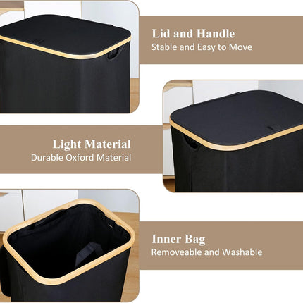 Laundry Hamper with Lid - Waterproof Freestanding Laundry Basket with Removable Liner Bag, Collapsible 110L Large Clothes Storage Laundry Bin with Easy Carry Bamboo Handle for Clothes Toys Organizer.