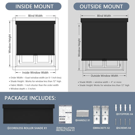 Blackout Roller Shades Cordless Blinds for Windows, Free-Stop Shades with Valance, Thermal Insulated Fabric, UV Protection, Blinds for Home and Office 20" W x 72" H (51W x 183H cm) Black.