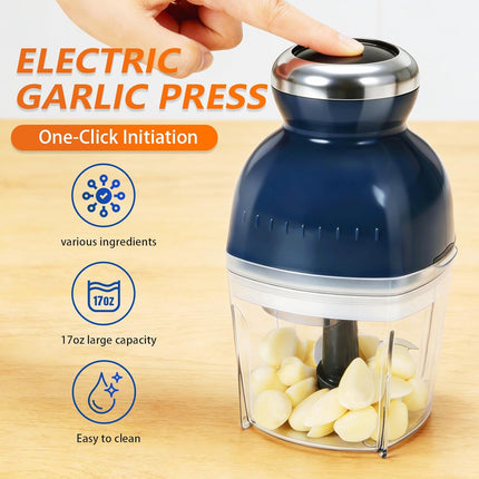 Electric Garlic Press,Food Chopper with 17oz Glass Bowl, For Chopping,Grinding,Mincing,Whisking,Meal Prep,250W,Blue.