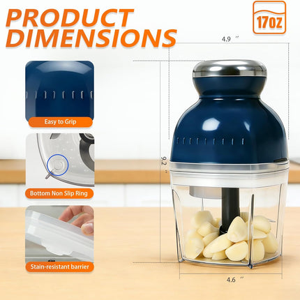 Electric Garlic Press,Food Chopper with 17oz Glass Bowl, For Chopping,Grinding,Mincing,Whisking,Meal Prep,250W,Blue.