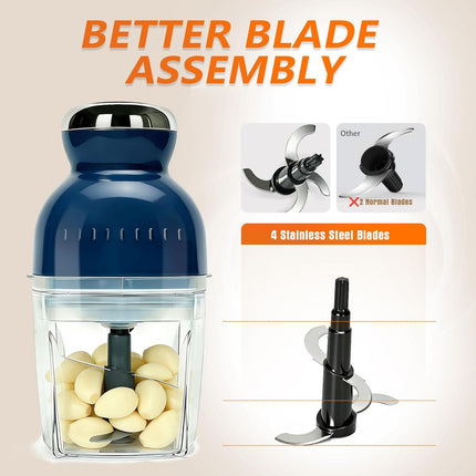Electric Garlic Press,Food Chopper with 17oz Glass Bowl, For Chopping,Grinding,Mincing,Whisking,Meal Prep,250W,Blue.