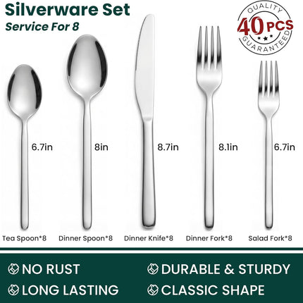 Premium 40-Piece Silverware Set for 8, 18/10 Stainless Steel Flatware Cutlery Set with Forks, Knives, Spoons, Durable and Elegant Design Utensils Tableware - Heavy Duty, Dishwasher Safe.