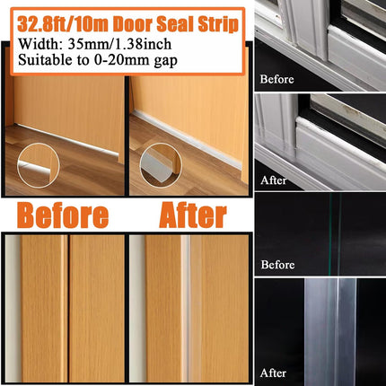 32.8FT Silicone Weather Stripping Door Seal Strip, No Residue Glass Shower Door Seal Strip Under Door Draft Stopper Silicone Sealing Tape for Doors Windows Shower Glass Gap,Transparent,35MM.