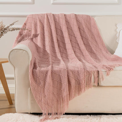 Pink Throw Blanket Diamond Pattern Indoor Outdoor Knitted Throws for Couch Sofa Chair Bed Home Decor 50"x60".