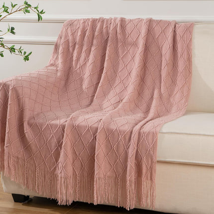 Pink Throw Blanket Diamond Pattern Indoor Outdoor Knitted Throws for Couch Sofa Chair Bed Home Decor 50"x60".