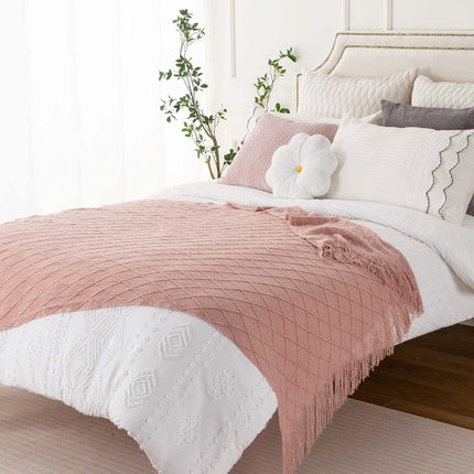 Pink Throw Blanket Diamond Pattern Indoor Outdoor Knitted Throws for Couch Sofa Chair Bed Home Decor 50"x60".