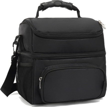 Insulated Lunch Bag Adult Lunch Box Large Tote Double Layer Cooler for Men, Women, with Adjustable Strap,Front Pocket and Mesh Side Pockets,Black.