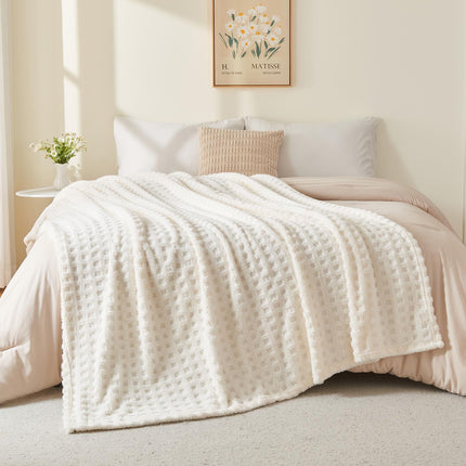 Throw Blankets for Bed Waffle White Blanket for Women Cozy Soft Fluffy Fleece Throw Blanket for Couch Lightweight Breathable Bed for All Season Cream 50x70.