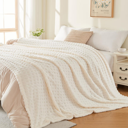 Throw Blankets for Bed Waffle White Blanket for Women Cozy Soft Fluffy Fleece Throw Blanket for Couch Lightweight Breathable Bed for All Season Cream 50x70.