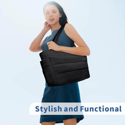 Puffer Tote Bag for Women, Lightweight Puffy Handbag with Compartments, Quilted Shoulder Bag for Work, Travel, Gym.