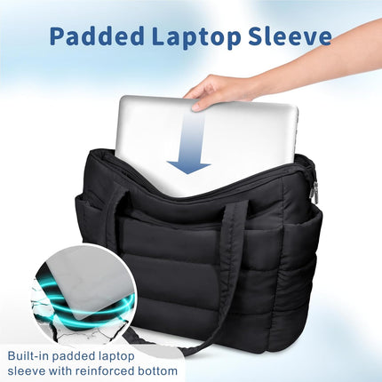 Puffer Tote Bag for Women, Lightweight Puffy Handbag with Compartments, Quilted Shoulder Bag for Work, Travel, Gym.