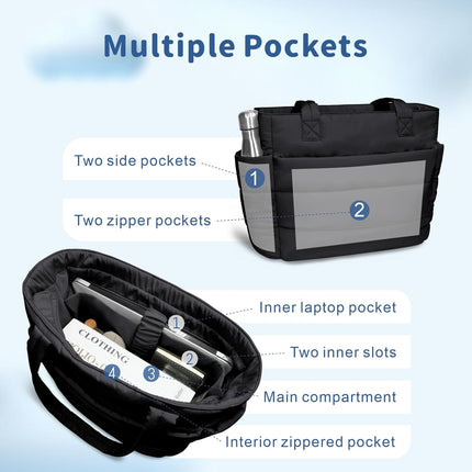 Puffer Tote Bag for Women, Lightweight Puffy Handbag with Compartments, Quilted Shoulder Bag for Work, Travel, Gym.