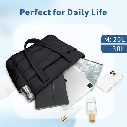 Puffer Tote Bag for Women, Lightweight Puffy Handbag with Compartments, Quilted Shoulder Bag for Work, Travel, Gym.
