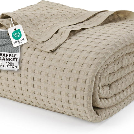 100% Cotton Khaki Waffle Blanket (Big Size - 120x120 Inch) Soft Lightweight Cozy Breathable Bed Blanket for All Seasons.