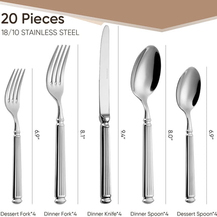 20 Pieces Silverware Set, Premium 18/10 Stainless Steel Flatware Set, Luxury Cutlery Set for 4, Dishwasher Safe for Home and Kitchen with Relief Patterns Handle, Party, Wedding, Silver.