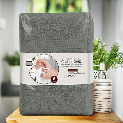 6 Pack Premium Hand Towels, 16 by 28 inches, 100% Ring Spun Cotton, Soft and Absorbent 600 GSM Towels for Bathroom, Gym, and Hotel, Grey.