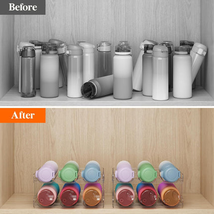 Stackable Water Bottle Organizer for Cabinet, Freezer, Pantry - Plastic Cup Holder, Wine Racks for Kitchen Tabletop Storage, Cupboard, Office - Pack of 4, Each Rack Holds 3 Containers.