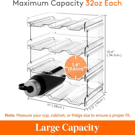 Stackable Water Bottle Organizer for Cabinet, Freezer, Pantry - Plastic Cup Holder, Wine Racks for Kitchen Tabletop Storage, Cupboard, Office - Pack of 4, Each Rack Holds 3 Containers.