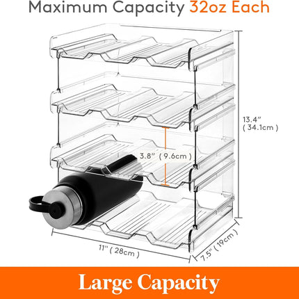 Stackable Water Bottle Organizer for Cabinet, Freezer, Pantry - Plastic Cup Holder, Wine Racks for Kitchen Tabletop Storage, Cupboard, Office - Pack of 4, Each Rack Holds 3 Containers.