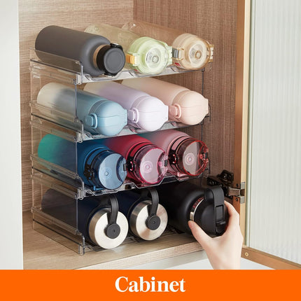 Stackable Water Bottle Organizer for Cabinet, Freezer, Pantry - Plastic Cup Holder, Wine Racks for Kitchen Tabletop Storage, Cupboard, Office - Pack of 4, Each Rack Holds 3 Containers.