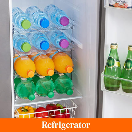Stackable Water Bottle Organizer for Cabinet, Freezer, Pantry - Plastic Cup Holder, Wine Racks for Kitchen Tabletop Storage, Cupboard, Office - Pack of 4, Each Rack Holds 3 Containers.