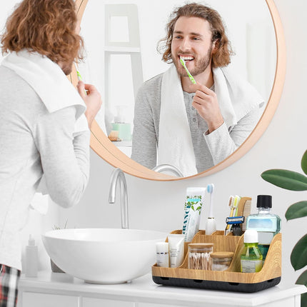 Bathroom Organizers Countertop - Detachable 7 Slots Kids Electric Toothbrush and Toothpaste Holde Drainage for Bathroom Accessories Organization Counter Vanity Sink Storage, Wood.