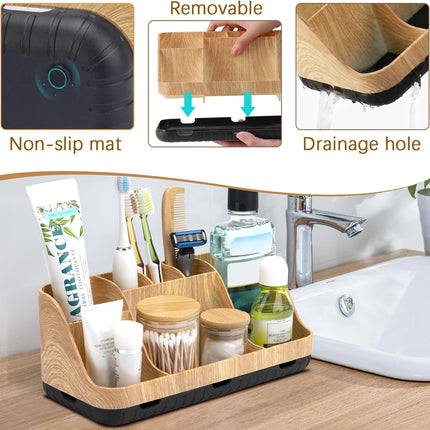 Bathroom Organizers Countertop - Detachable 7 Slots Kids Electric Toothbrush and Toothpaste Holde Drainage for Bathroom Accessories Organization Counter Vanity Sink Storage, Wood.