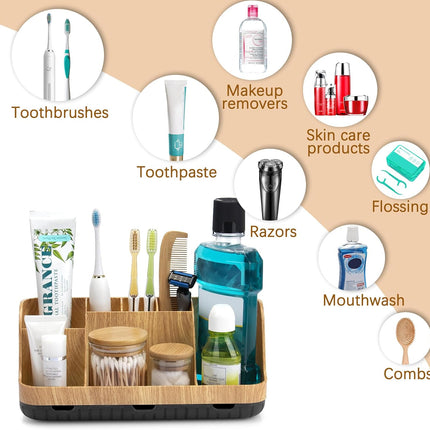 Bathroom Organizers Countertop - Detachable 7 Slots Kids Electric Toothbrush and Toothpaste Holde Drainage for Bathroom Accessories Organization Counter Vanity Sink Storage, Wood.
