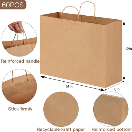 60pcs 16x6x12 Inch Large Paper Bags with Handles, Kraft Brown Paper Gift Bags for Business, Merchandise, Gifts, Shopping, Retail Stores, Birthday Party.