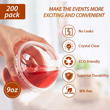 200 PACK 9 oz Clear Plastic Cups With Dome Lids, Crystal Clear Dessert Cups for Ice Cream, Latte, Cold Drinks.