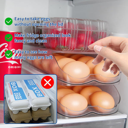 Egg Holder for Fridge, Automatic Rolling Egg Organizer for Refrigerator, Clear Plastic Egg Container & Tray, Stackable Dispenser and Storage Bin with Sturdy Lid to Saving Space -2 Layer.