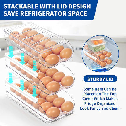 Egg Holder for Fridge, Automatic Rolling Egg Organizer for Refrigerator, Clear Plastic Egg Container & Tray, Stackable Dispenser and Storage Bin with Sturdy Lid to Saving Space -2 Layer.