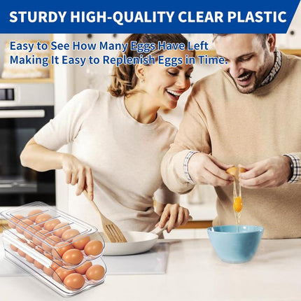 Egg Holder for Fridge, Automatic Rolling Egg Organizer for Refrigerator, Clear Plastic Egg Container & Tray, Stackable Dispenser and Storage Bin with Sturdy Lid to Saving Space -2 Layer.