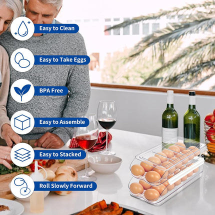 Egg Holder for Fridge, Automatic Rolling Egg Organizer for Refrigerator, Clear Plastic Egg Container & Tray, Stackable Dispenser and Storage Bin with Sturdy Lid to Saving Space -2 Layer.