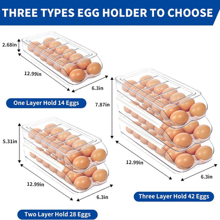 Egg Holder for Fridge, Automatic Rolling Egg Organizer for Refrigerator, Clear Plastic Egg Container & Tray, Stackable Dispenser and Storage Bin with Sturdy Lid to Saving Space -2 Layer.